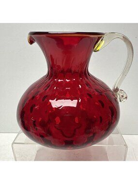 Pilgrim Glass Ruby Red Quilted Optic Pitcher Handle Rim Glows Hand Blown 5”